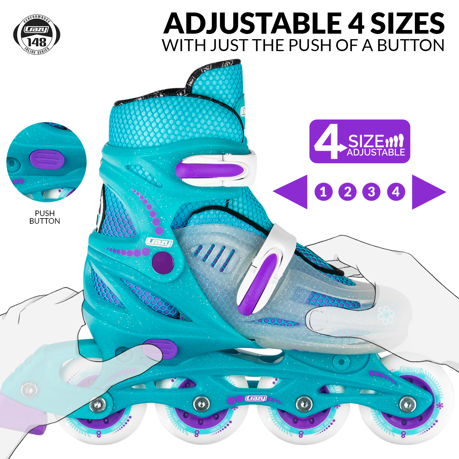 Crazy Skates Adjustable Inline Skates for Girls and Boys Adjust to fit 4 Si... 
